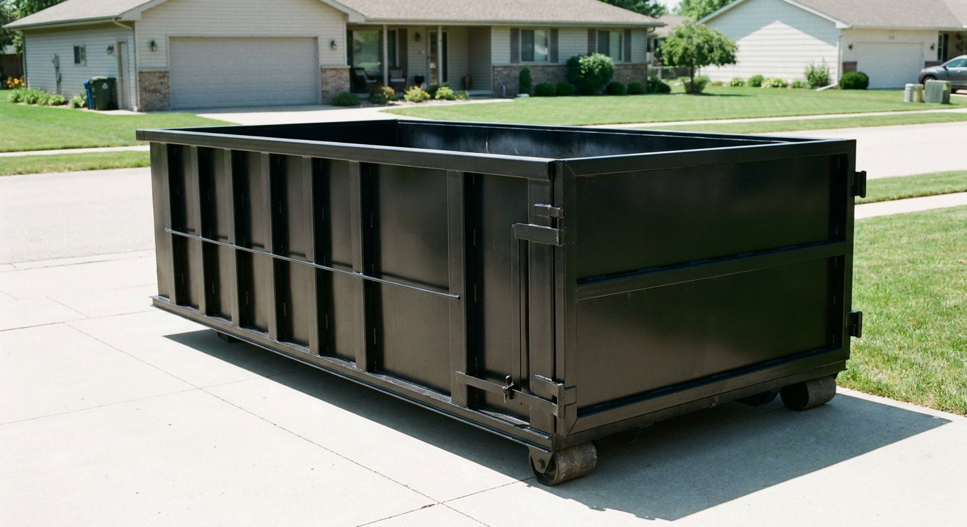 Matte-black 10-yard roll-off dumpster on a residential concrete driveway in Clinton, uniformly painted matte black across every panel and rail, ribbed steel sidewalls and rear swing door visible, mid-day daylight.