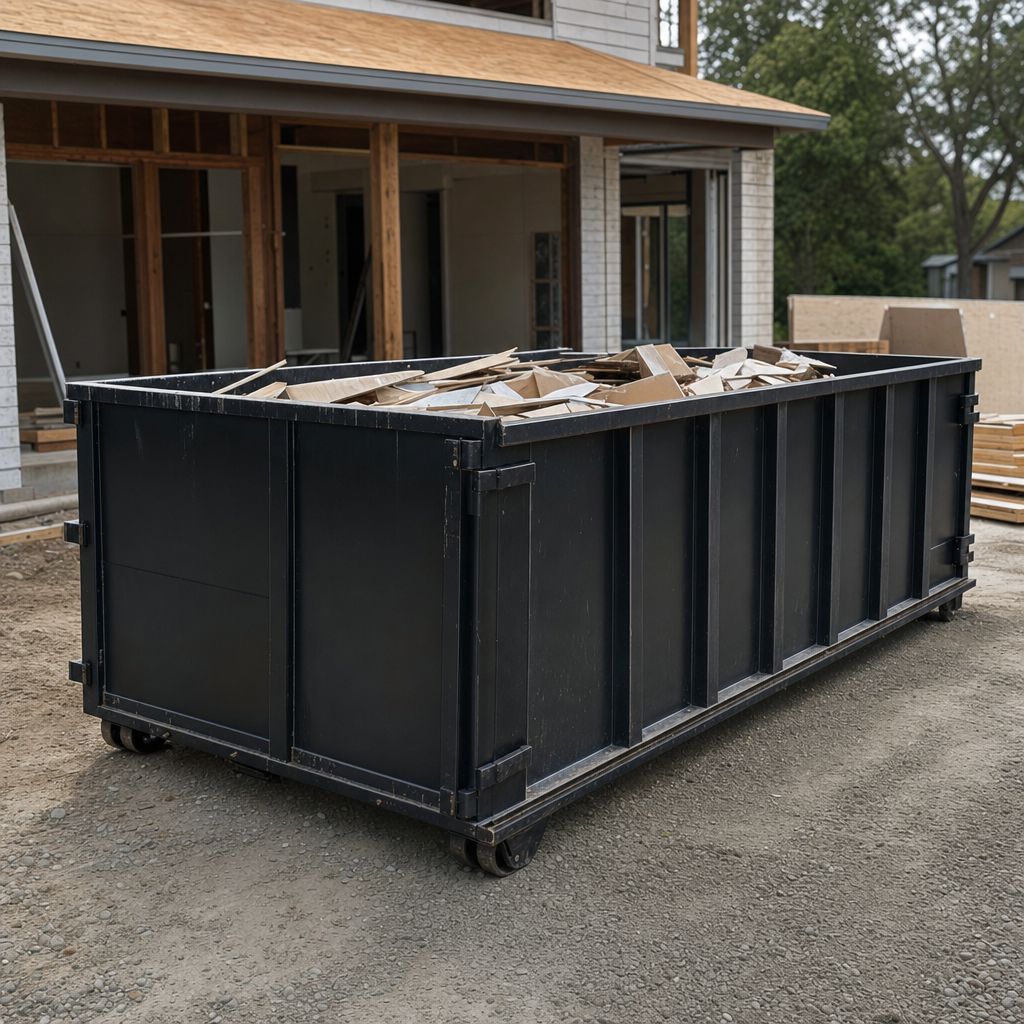 Large matte-black 30-yard construction roll-off dumpster at an active Clinton jobsite, steel-gray top rails and bottom rollers visible, loaded with construction debris.