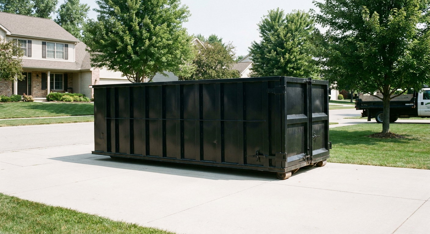 Matte-black 20-yard roll-off dumpster sitting level on a clean Clinton residential concrete driveway under bright daylight, demonstrating clean placement directly on the concrete.