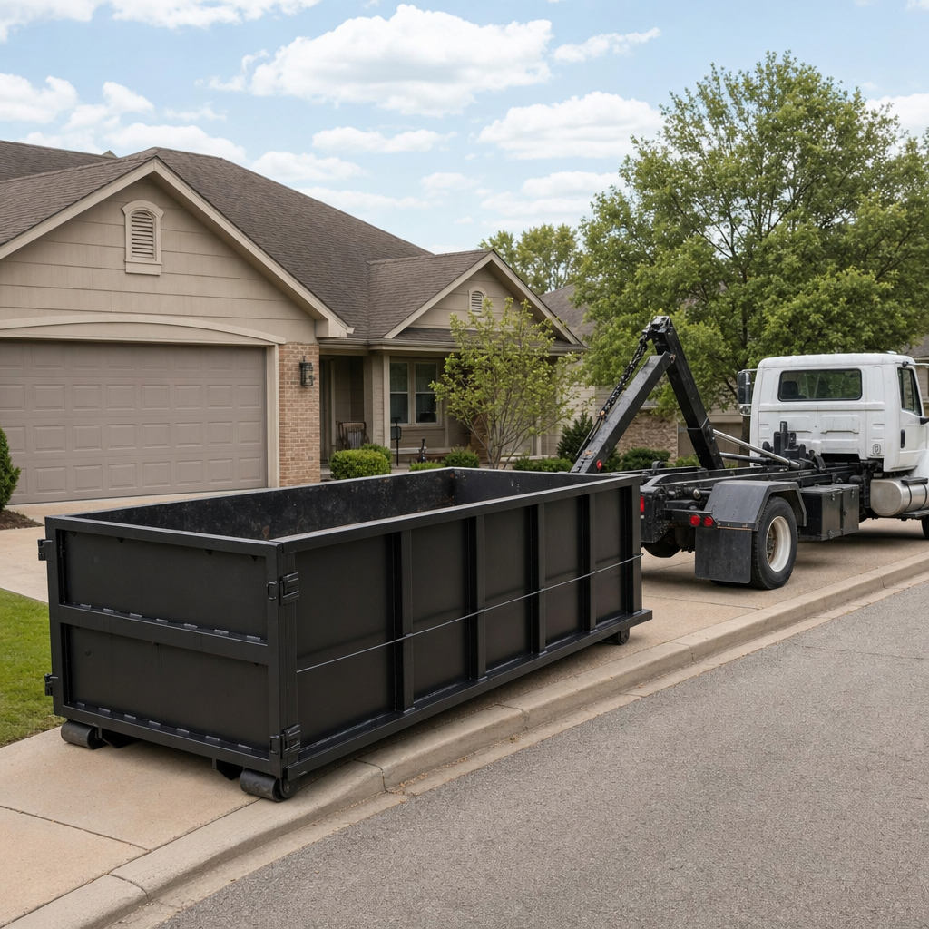 Wide documentary shot of a matte-black roll-off dumpster on a Clinton residential driveway in the foreground and a contractor jobsite container in the soft-focus background, bright daylight, calm and orderly composition.