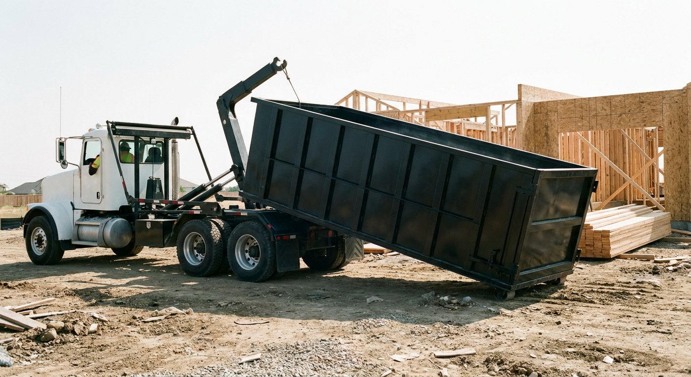 Matte-black roll-off dumpster being delivered onto a clean residential concrete driveway in Clinton by an unmarked white hooklift hauler truck, bright morning daylight, documentary 35mm perspective.